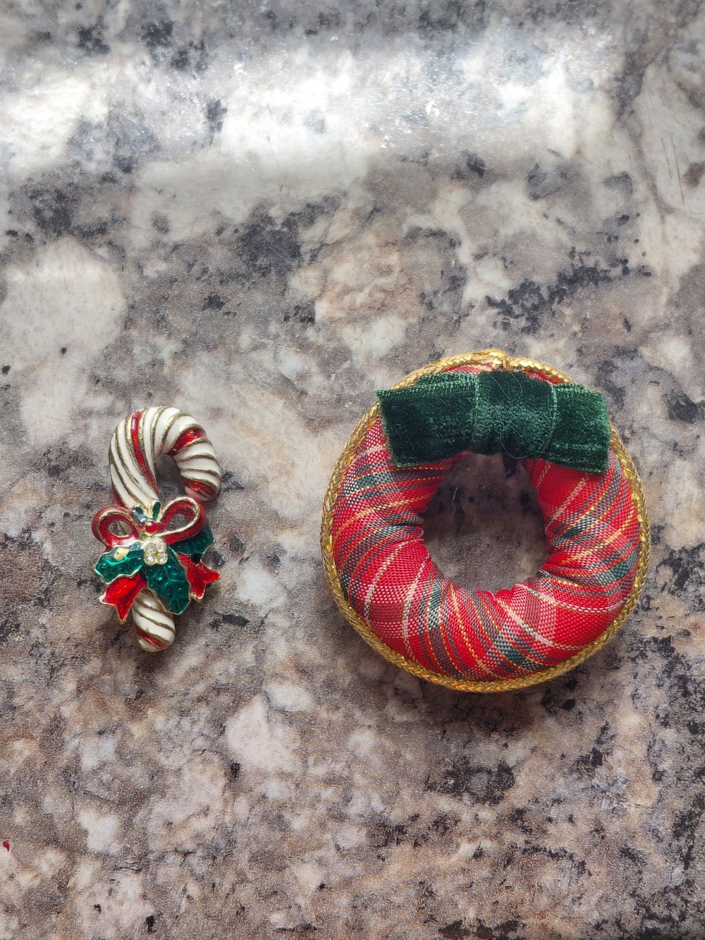 Set of 2 Christmas Pins Metal Candy Cane and Avon Plaid Wreath Vintage Brooch